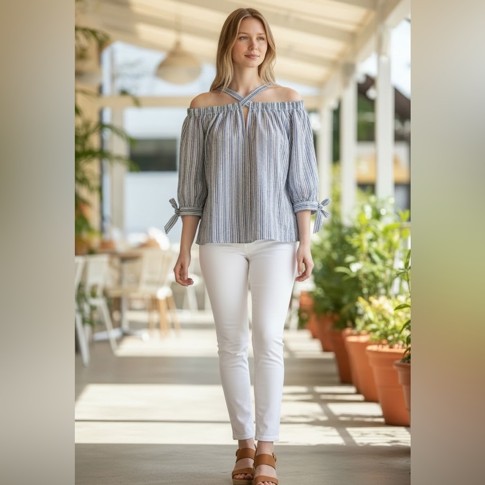 Rebecca Taylor Striped Cold Shoulder Halter Blouse Blue White Size 4 EUC